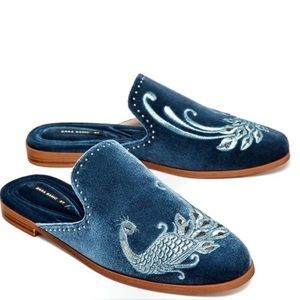 Zara Blue Embroidered Peacock Velvet Mules/Slides